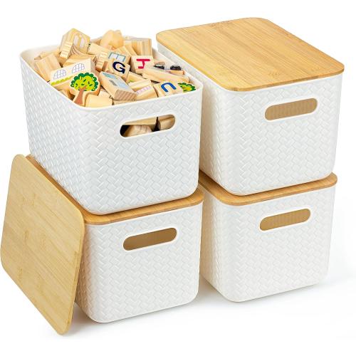 4 Packs Storage Bins with Bamboo Lids - Plastic Storage Containers with Lids Stackable Storage Box:Storages Baskets for Organizing Desktop Closet Playroom Classroom Office,White