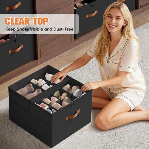 Shoe Organizer for Closet, 2-Pack Foldable Shoe Storage Box with Adjustable Dividers & Clear Cover, Fits 16 Pairs, Black, Durable and Space-Saving
