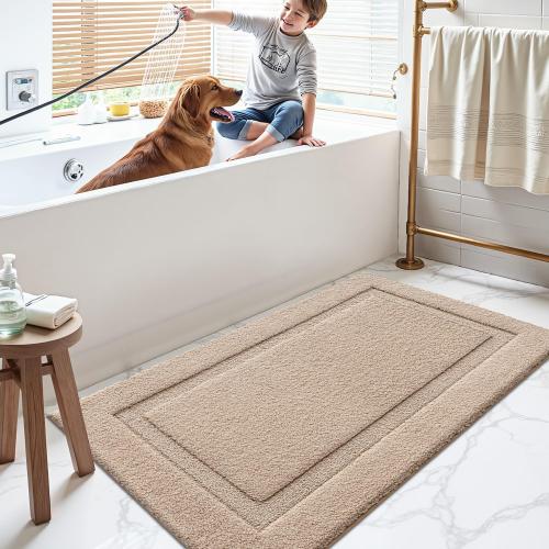 LUMI Large Ultra Soft Bathroom Rugs Non Slip with Rubber Backing, Absorbent Washable Bath Mat Quick Dry, Upgraded Premium Microfiber Plush Carpet for Bathtub and Shower Floor, Beige, 24x43