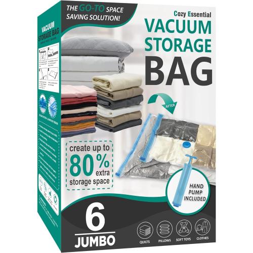 6 Jumbo Vacuum Storage Bags, Space Saver Bags Compression Storage Bags for Comforters and Blankets, Vacuum Sealer Bags for Clothes Storage, Hand Pump Included