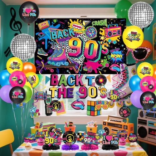 90s Party Decorations Includes 90's Backdrop, Foil & Latex Balloons, Cake & Cupcake Toppers, Honeycomb Centerpieces Banner, Hanging Swirls for 80s 90s Party Decorations