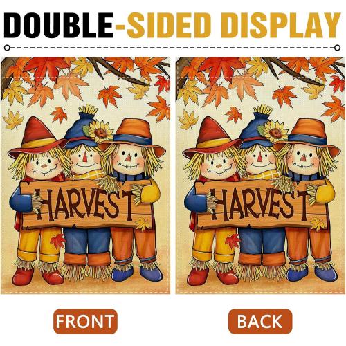 Dyrenson Fall Harvest Scarecrow Decorative Garden Flag, Autumn Maple Leaves Yard Outside Home Decoration, Farmhouse Burlap Outdoor Small Decor Double Sided 12 x 18