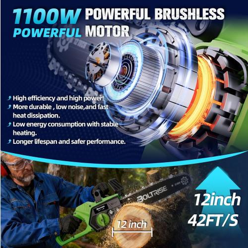 12 Inch Cordless Brushless Electric Chainsaw, 2 × 4.0mAh Batteries & Auto Oiler Security Lock, 32.81FT/S Powered Compact HandHeld Chain Saw, for Tree Trimming, Wood Cutting Garden, Pruning