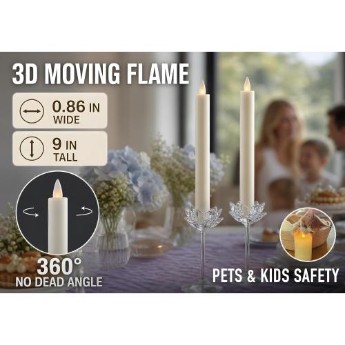 Flameless Taper Candles Flickering with Remote and Timer, 3D Moving Flame Taper Candle Battery Operated to 400 Hours, 9 Inch Window Candles, (White)