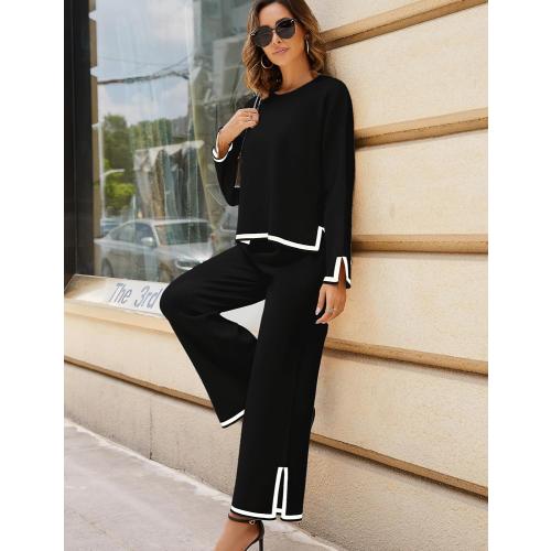 Tanming Women's 2 Piece Outfits Long Sleeve Knit Sweater Top Wide Leg Pants Lounge Sets Tracksuits Large