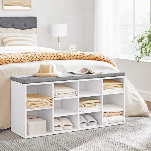 Size 11.8 x 40.9 x 18.9 Inches, Cloud White VASAGLE CUSTOS Collection - Shoe Bench, Storage Bench with Padded Seat, Entryway Bench with 10 Compartments, for Bedroom, Size 11.8 x 40.9 x 18.9 Inches, Cloud White and Dove Gray ULHS010W01