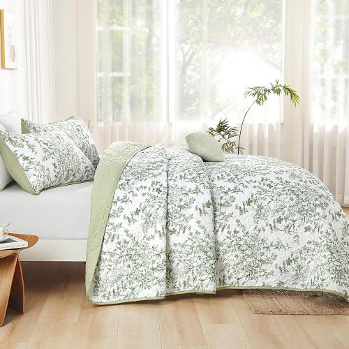 WONGS BEDDING Botanical King Size Quilt, 3 Pieces Bedspread Set, Sage Green | Floral Printed, Microfiber Coverlet, Breathable All-Season, Fits King 110x90, Perfect for Bedroom Guest Room Home Decor