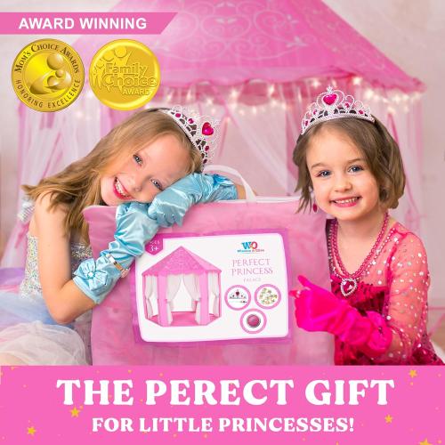 W&O Princess Tent with Fantasy Sound Button, LED Lights, Crown & Wand Set – Indoor & Outdoor Play Tent for Kids Ages 3-8
