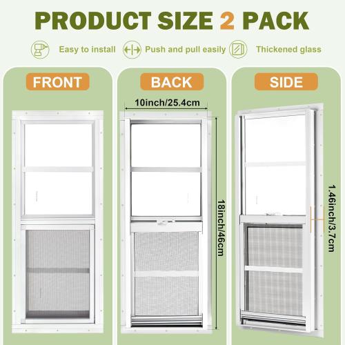 2 Pack Sliding Shed Windows 10x18, White | Transom Window with Tempered Glass and Removable Fiberglass Screen, Suitable for Chicken Coop, shed, Household, Barn
