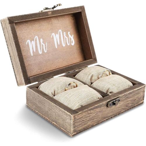 Juvale Ring Bearer Box - 6 x 4 x 2 in, Brown Rustic Wood - Wedding Ring Box for Ceremony with Burlap Pillow & Mr & Mrs Inscription