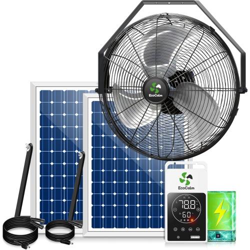 Solar Powered Fan for Outside Wall Mount with Smart Thermostat | 18 Heavy Duty Outdoor Fans with Battery, Waterproof, Metal Build, for Patios, Horse Stall, Chicken Coop, 3 Speeds, 180° Tilt