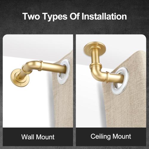 OLV Gold Industrial Curtain Rods for Windows 66 to 120 Inch(5.5 to 10 Feet), 1 Inch Diameter Blackout Wrap Around Adjustable Heavy Duty Window Drapery Rods, Indoor and Outdoor