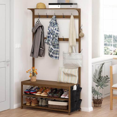 AMBIRD Hall Tree with bench and shoe storage, Entryway Bench with shoe storage, 6-in-1 Coat Rack with Cloth Bag and14 Coat Hooks, Sturdy Bamboo Frame, Large Size, Brown 39 * 15 * 70 Inches