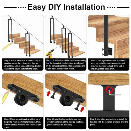 4 Pack U Shape 38.6 Stair Balusters with Adjustable Top Bracket for Staircase Interior, Side Mount Industrial Wrought Iron Balusters for Stair Handrail Porch Deck Railing Outdoor Steps
