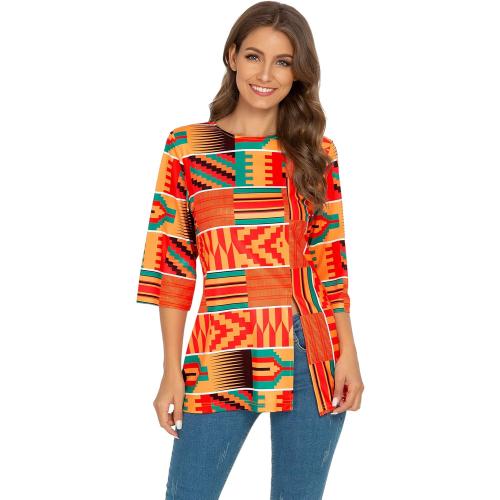 Medium, Afibi Womens Print Shirt African Dashiki 3/4 Sleeve Boho Loose Tunic Tops