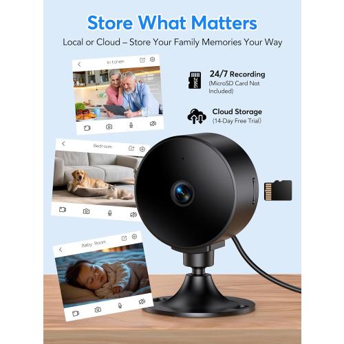 Indoor Security Camera 2K 3MP, Motion & Sound Detection, Real-Time Alerts, Two-Way Audio, Works with Alexa & Google Assistant, Home Security Camera with 256GB SD & Cloud Storage, Black, 2.4GHz