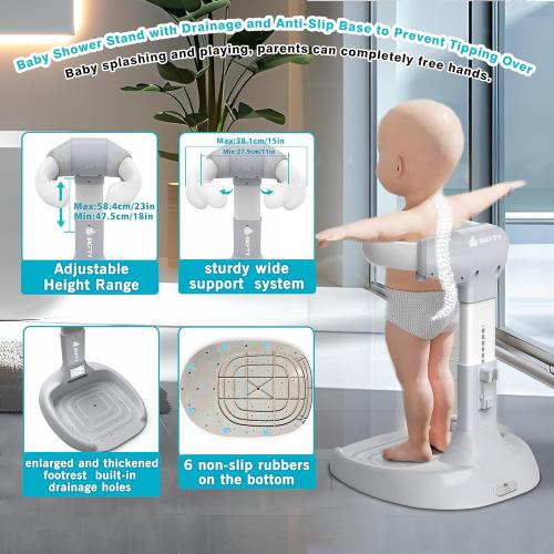 Baby Shower Stand with Anti-Slip Base & Anti-Pinch Silicone, Adjustable Foldable Baby Bath Support for Toddlers 6-36 Months, Portable Standing Helper with Shower Holder | Soporte para Bañera de Bebé