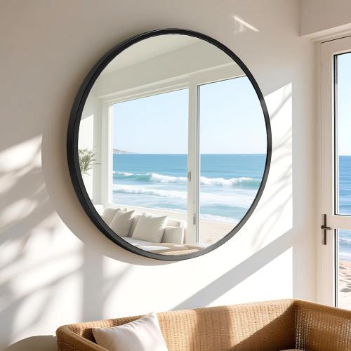 30x30 Round Wall-Mounted Mirror,Tempered Glass Bathroom Vanity Mirror,Modern Style,Round Hanging,Aluminum Alloy Frame,Circle Mirrors for Living Room,Bathroom,Vanity,Entryway