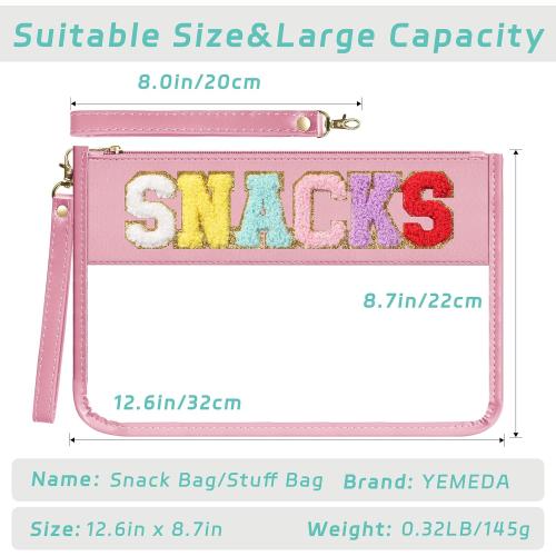 Large Chenille Letter Clear Zipper Pouch for Travel, Nylon Makeup Letter Bag, PVC Waterproof Cosmetic Bag, Snack Bags for Women Girls, Clear Stuff Bags For Travel(Pink-Snacks)