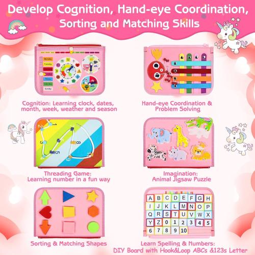 Esjay Toddler Busy Board Montessori Toys for Girls, Sensory Book Educational Activities for Learning Fine Motor Skills, Birthday Gifts for Girls Toddlers, Travel Toys for Airplane Car, Fairy Horse