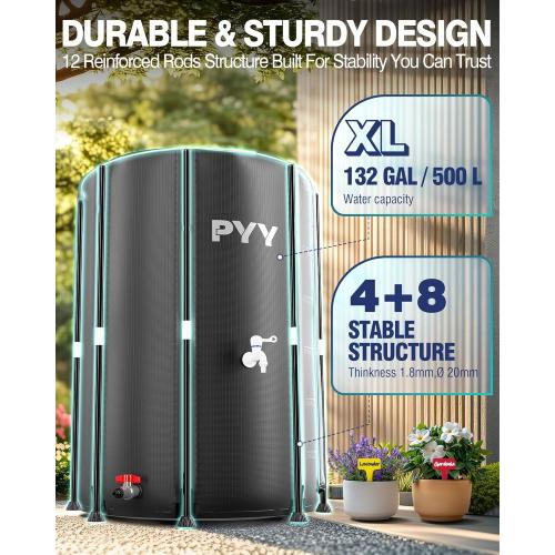 PYY Rain Water Collection Barrel - 132 Gallon Black Water Storage Tank with Spigot, Hose and Portable Bucket, Large Plastic Collapsible Rain Catcher Catchment System to Collect Rainwater from Gutter