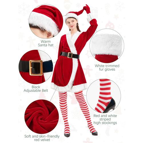 5 Pcs Large Mrs Claus Costume Adult Women, Santa Christmas Outfits for Women Velvet Dress with Belt High Socks Hat Gloves