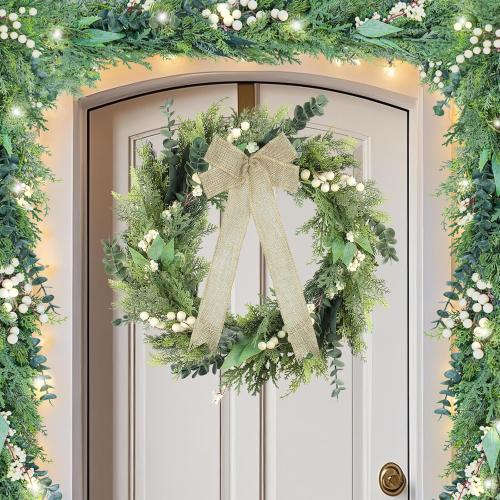 24-Inch Spring Greenery Wreath – Faux Pine & Eucalyptus Mixed Botanical Wreath with White Meadow Berries & Natural Burlap Bow – Modern Farmhouse Front Door Decor for Year-Round Use