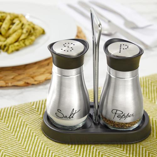 Juvale Stainless Steel Salt and Pepper Shakers Set with Holder, Refillable, Clear Glass Bottoms, Screw-Off Perforated S and P Caps for Kitchen Table Decor (4oz)