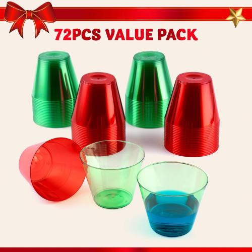 JOYIN 72 PCS Disposable Plastic Drinking Cups, 9 OZ Christmas Clear Plastic Party Cup, Xmas Wine Glasses for Party Supplies, Red Green Cups, Birthday, BBQ, Camping, Family Reunion
