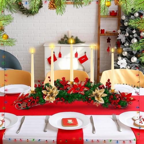 Sliner Christmas Tabletop Centerpiece 30 Inch Poinsettia Candle Holder with 5 Bullet Head LED Flameless Long Candle Artificial Christmas Table Decorations for Home Party, Not Include Battery