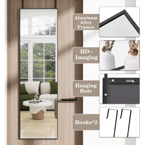 Full Length Door Mirror 14x48, Metal Frame with Protective Film, No-Drilling Hanging or Wall Mount (Horizontal/Vertical), Hooks & Hardware Included, Full Body Mirror for Bedroom, Dorm, Black