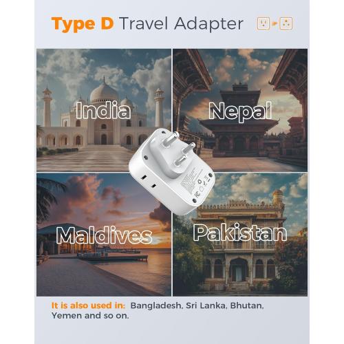 Set of 2 US to India Plug Adapter 2 Pack, TESSAN Type D Travel Adapter with 4 Outlets 3 USB (2 USB-C), Power Adaptor for US to India Nepal Maldives Pakistan Bangladesh Sri Lanka Bhutan Yemen