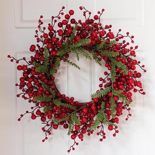 J'FLORU Artificial Christmas Wreath 20 Inch Chirstmas Wreaths for Front Door Red Berry Wreath with Pine Needles for Porch Fireplace Xmas Winter Holidays