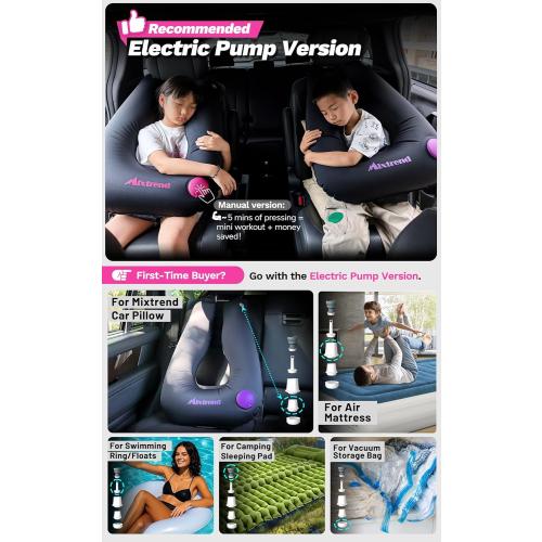 Travel Pillow Inflatable Car Pillow for Kids & Adults – Car Sleeping Neck & Head Support for Long Road Trips, Kids Sleeping Aid with Mini E-Pump (Rose Red)