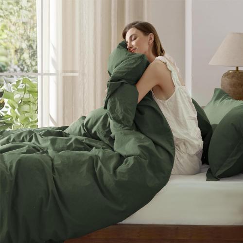 Bedsure 100% Washed Cotton Duvet Cover Queen Size - Olive Green Minimalist Cotton Duvet Cover Linen Like for All Seasons - GentleSoft™ Plain Simple Bedding (Olive Green, Queen, 90x90)