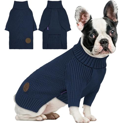 cyeollo Warm Small Dog Sweater, Knit Cold Weather Doggy Sweaters for Small Dogs Boy Pullover Winter Dog Clothes with Turtleneck for Indoor & Outdoor Wear, Navy M