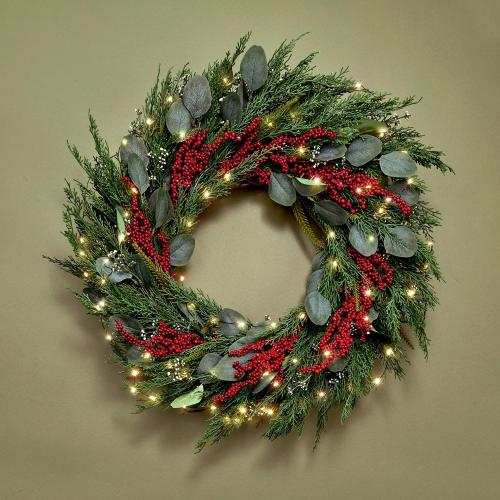 LampLust Winter Wreaths for Front Door Outside, 24 Inch Cypress & Eucalyptus Wreath with Red Berries 100 LED Lights, Timer, Battery Powered, Farmhouse Wreath Year Round, Winter Wreaths for Indoors