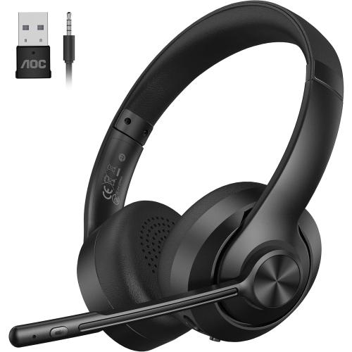AOC Wireless Headset with Mic for Work, Bluetooth 5.4 Headphones with Noise Canceling Microphone, USB C, 30H, Clear Calls & Mic Mute for PC, Laptop, Cell Phones, Zoom - Black