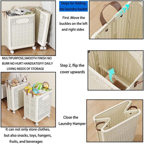 Color Cream  Collapsible Extra Large Laundry Hamper, Plastic Laundry Basket with Wheels,Suitable for Bathroom, Bedroom, Dorm Room & Laundry Room,Basket with Handle (Cream color)