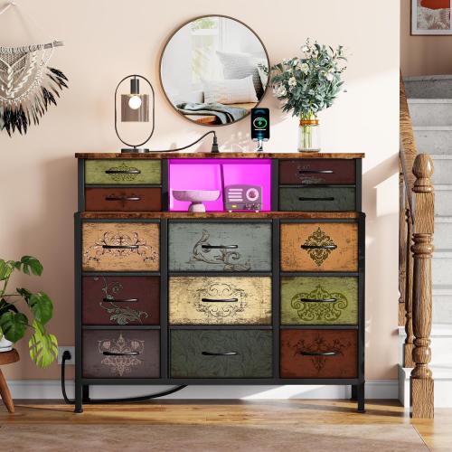 Dresser for Bedroom with 13 Drawers 2 Open Shelves, Fabric Storage Dresser, Chest of Drawers, Pattern Organizer for Closet, Bedside, Living Room, Entryway, Hallway