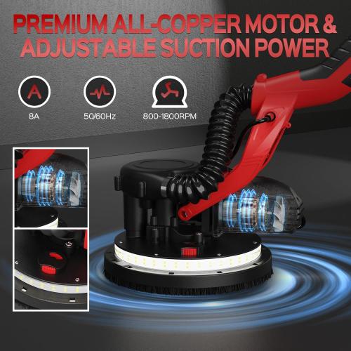 Untested...Drywall Sander with Vacuum Dust Collector, 8-Amp Popcorn Ceiling Removal Tool with 7 Variable Speed 800-1800RPM, Extendable Handle, LED Light, 12pcs Sanding Discs,Dark Red