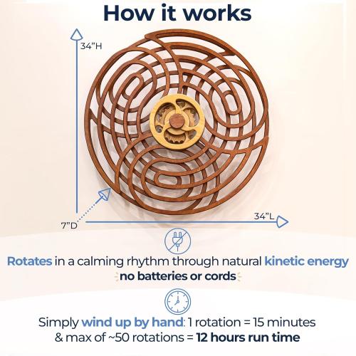 Mindsight Moving Kinetic Wall Art - Wind up to power peaceful motion (no battery) - Calming Wall Décor for Living Room, Office, Bedroom, Kitchen - Hand Crafted Wood - Ripple, Canyon Brown