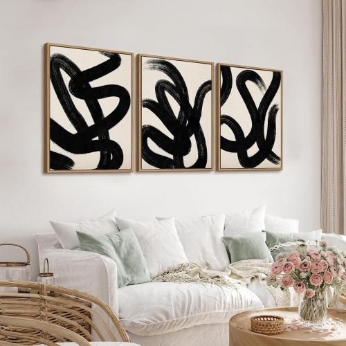 Framed Wall Art Canvas Set Abstract Lines Pictures Modern Mid Century Boho Wall Decor Minimalist Abstract Black Stroke Lines Canvas Painting Artwork Living Room Bedroom Home Office 20x28x3 Natural