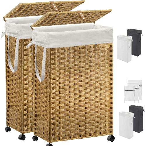 70L Slim Laundry Hamper with Lid & Wheels, 2-Park Rolling Laundry Basket with 4 Removable Liner Bags & 3 Mesh Bags, Narrow Dirty Clothes Basket, Foldable Handwoven Rattan Laundry Sorter, Natural‼️no rips tears or breaks 2 laundry hampers and accessories may be missing ‼️