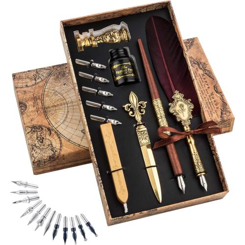 Hethrone Feather Pen and Ink Set - Quill Pens Calligraphy Pen Set Fountain Dip Pen