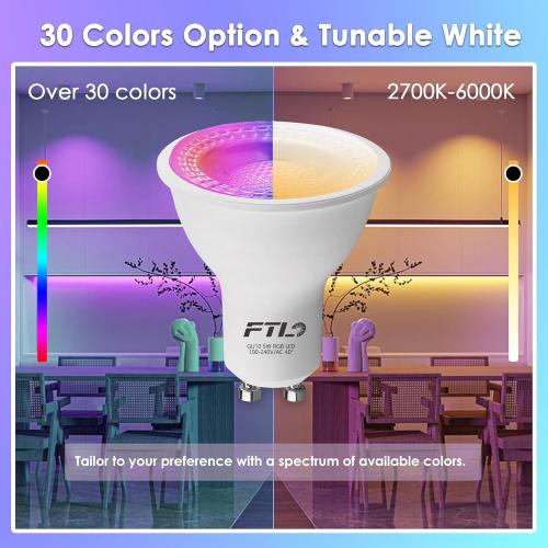 FTL GU10 LED Color Changing Light Bulb with Remote Control, RGB Dimmable Colored Light Bulbs 5W 40W Equivalent, 2700K-6000K， 30 Colors, Timer, Spotlight Bulb for Track Recessed Lighting 10-Pack