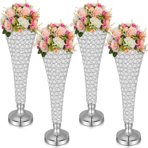 Rtteri 4 Pcs 20 Inch Tall Crystal Vase for Centerpieces Wedding Christmas Metal Crystal Trumpet Flower Vase Stand for Holiday Table Floor Wedding Banquet Celebration, Classic Elegance(Silver)