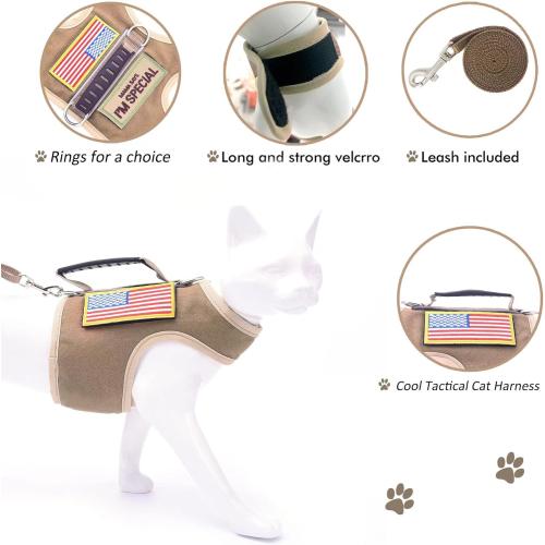 Tactical Cat Harness and Leash for Walking Escape Proof, Adjustable Cat Walking Jackets, Padded Stylish Cat Vest, Khaki, X-Large