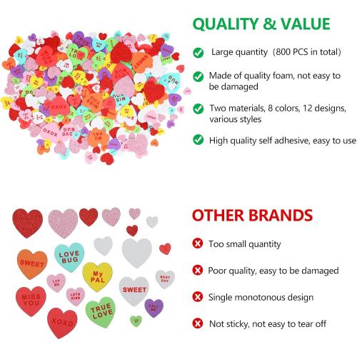 Zonon 800 Pieces Valentines Day Heart Conversation Foam Stickers, Matte and Glitter Self-Adhesive Heart Labels for Valentines Craft Wedding Party Dating DIY Decorations, Cards, Favors