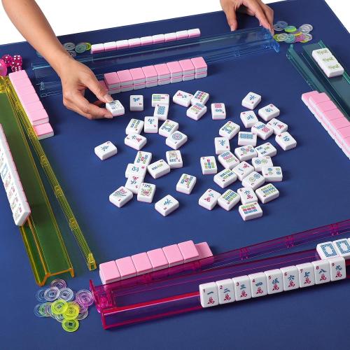 American Mahjong Game Set, 166 Pink Tiles (1.2”), 4 All-in-One Color Rack/Pushers & Drawstring Bag, Complete Mahjong Sets with Pink Printed Carrying Bag and Mahjong Tile Set Accessories